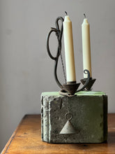 Load image into Gallery viewer, Brutalist wrought iron candle sconce with snuffer