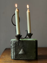 Load image into Gallery viewer, Brutalist wrought iron candle sconce with snuffer