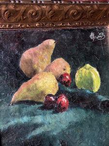 19th century French oil on canvas still life painting of pears and cherries
