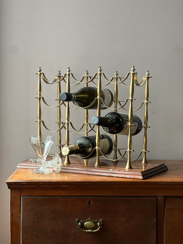 Circa 1960 brass and oak table top 12 bottle wine rack