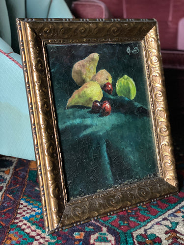 19th century French oil on canvas still life painting of pears and cherries