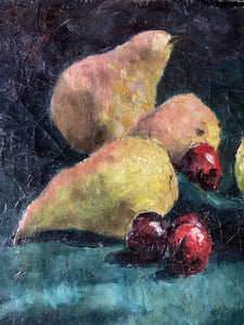 19th century French oil on canvas still life painting of pears and cherries