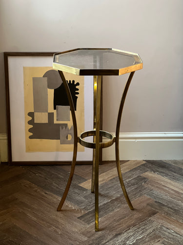 Circa 1980. French Brass Gueridon Drink Table With Smoked Glass
