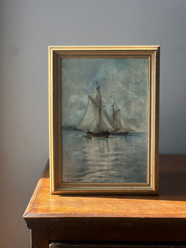 Antique oil on canvas of two ships