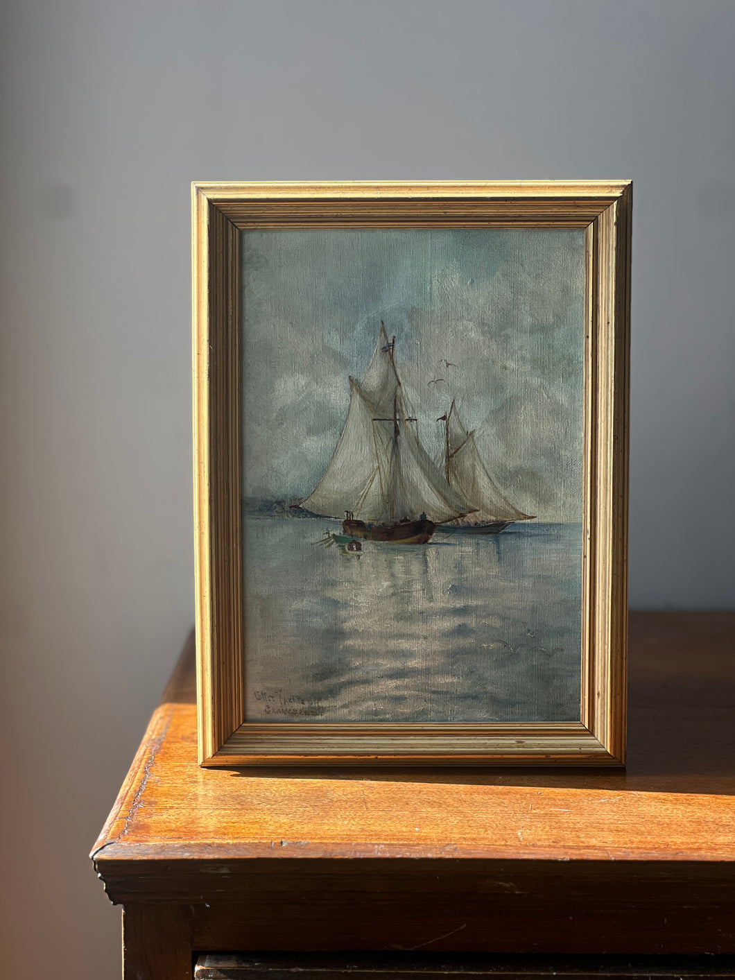 Antique oil on canvas of two ships
