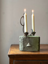 Load image into Gallery viewer, Brutalist wrought iron candle sconce with snuffer