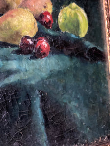 19th century French oil on canvas still life painting of pears and cherries