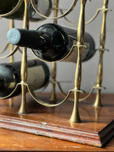 Load image into Gallery viewer, Circa 1960 brass and oak table top 12 bottle wine rack