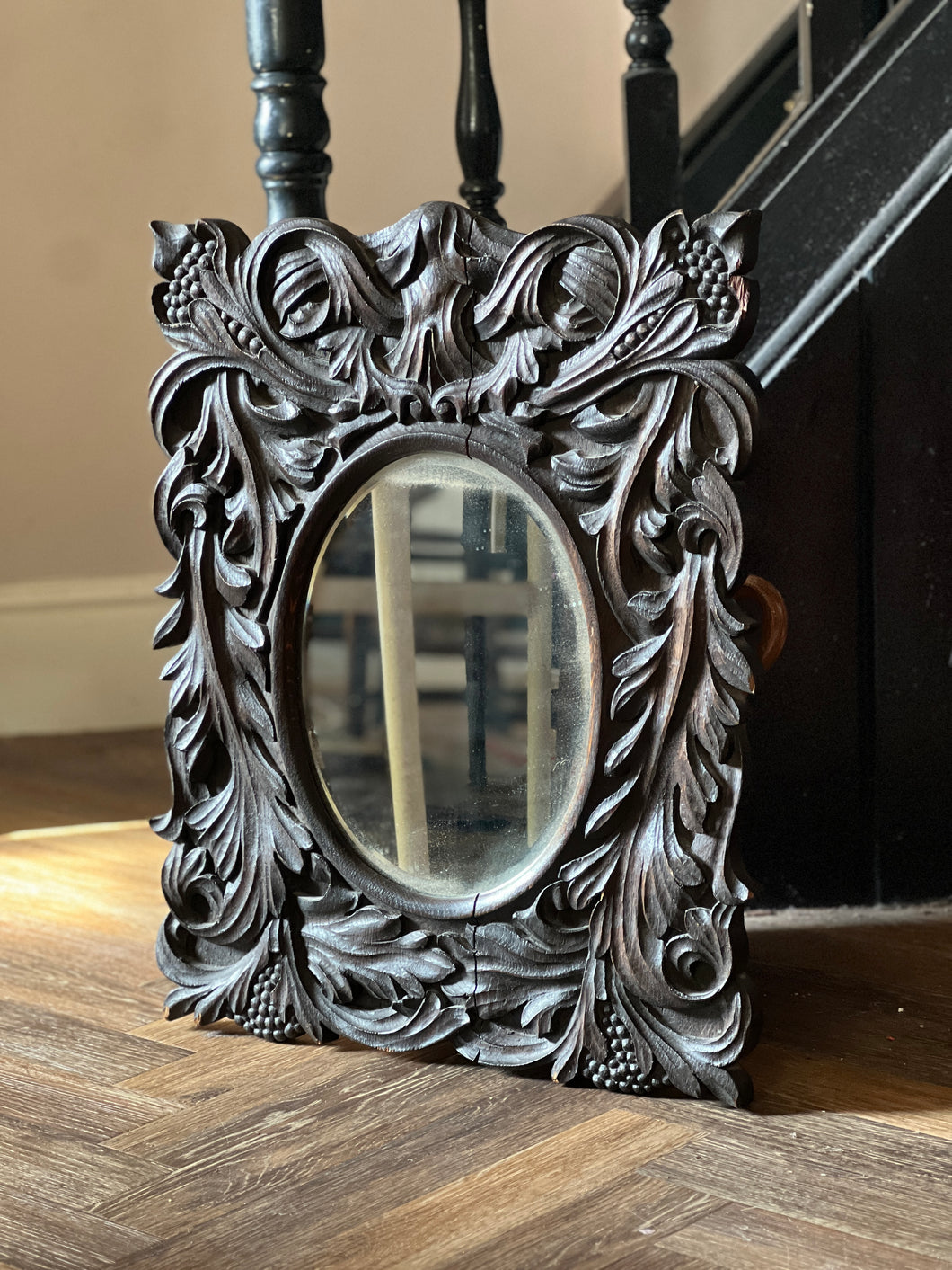 Oak gothic carved mirror. Early 20th century
